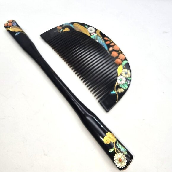 Japanese Floral Lacquer Hair Comb & Stick Set In Box Matsuzakaya Vintage JE311 - Picture 8 of 14